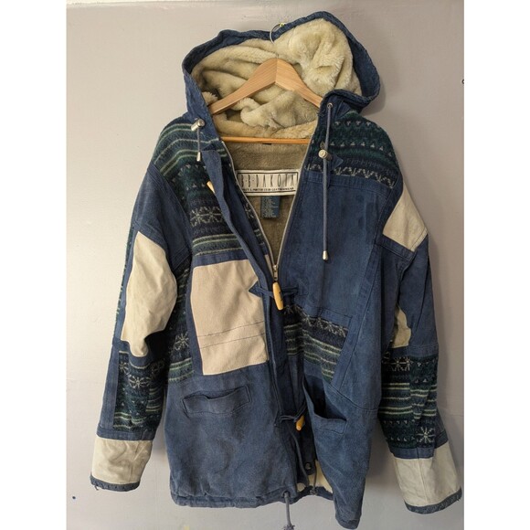 BB DAKOTA Leather Jacket RARE, Blue, White patchwork, southwest, fleece lined, L - Picture 1 of 10